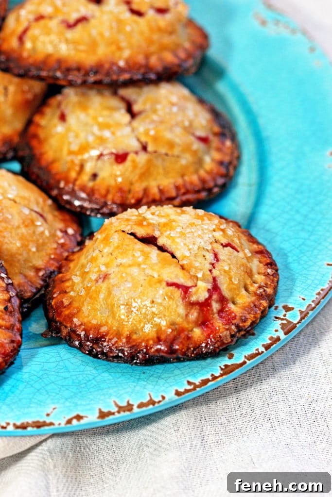 closeup side view: ready to serve rhubarb hand pies