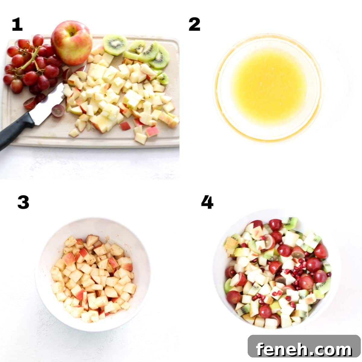Four numbered images showing how to make a holiday fruit salad.