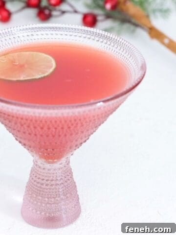 Christmas Holiday Punch in a martini style glass topped with a slice of fresh lime.