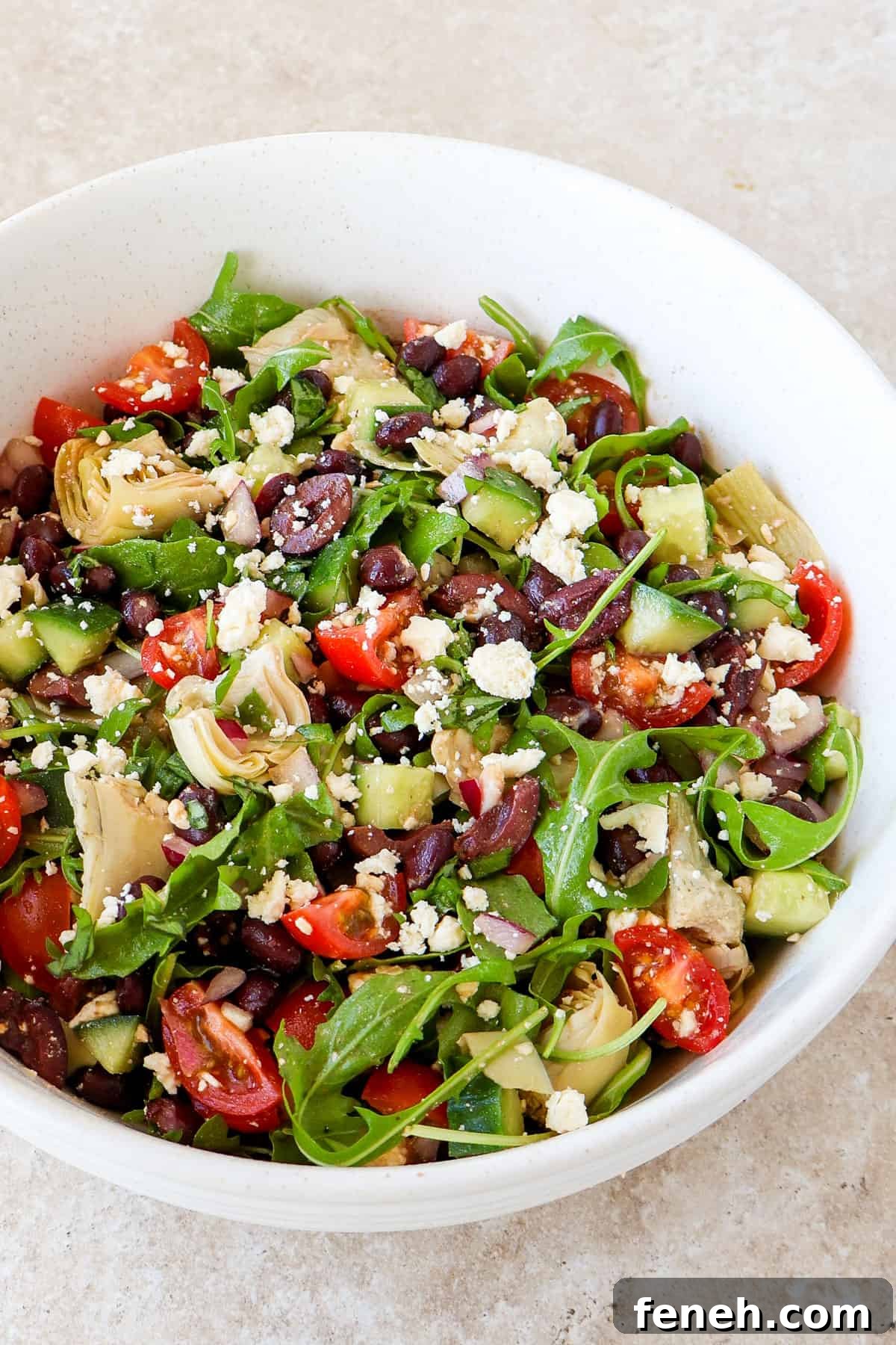 Side shot of the Mediterranean salad in a bowl.