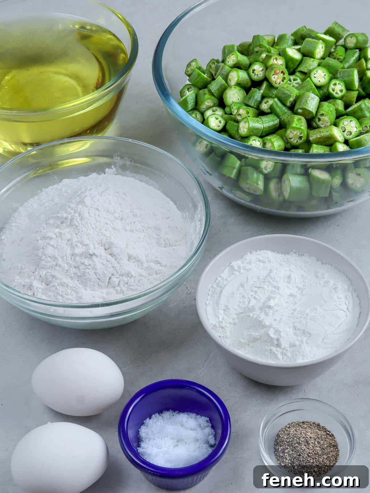 sliced okra, flour, cornstarch, oil, eggs, salt, and pepper