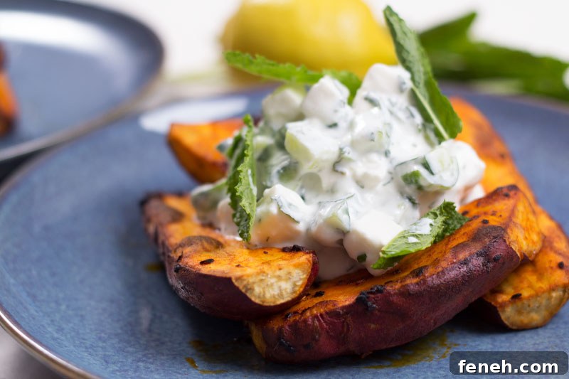 Paprika sweet potato wedges with feta mint yoghurt