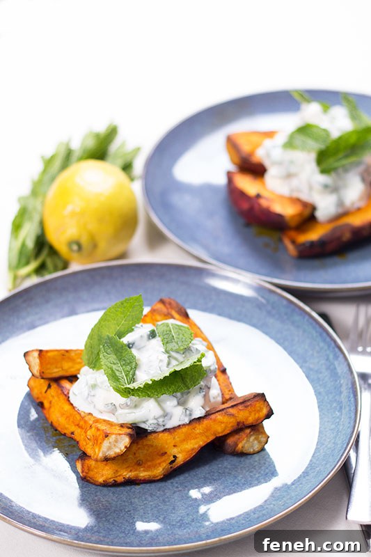 Paprika sweet potato wedges with feta mint yoghurt