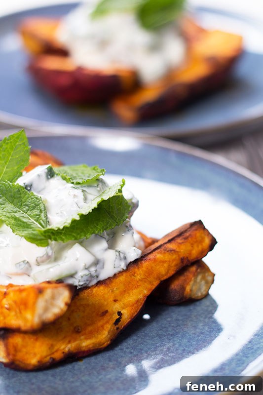 Paprika sweet potato wedges with feta mint yoghurt