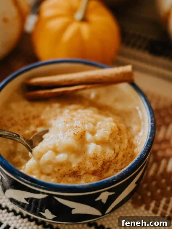 Close-up of Mexican Pumpkin Rice Pudding in a clay bowl with a pumpkin behind it, showing creamy texture and cinnamon garnish.