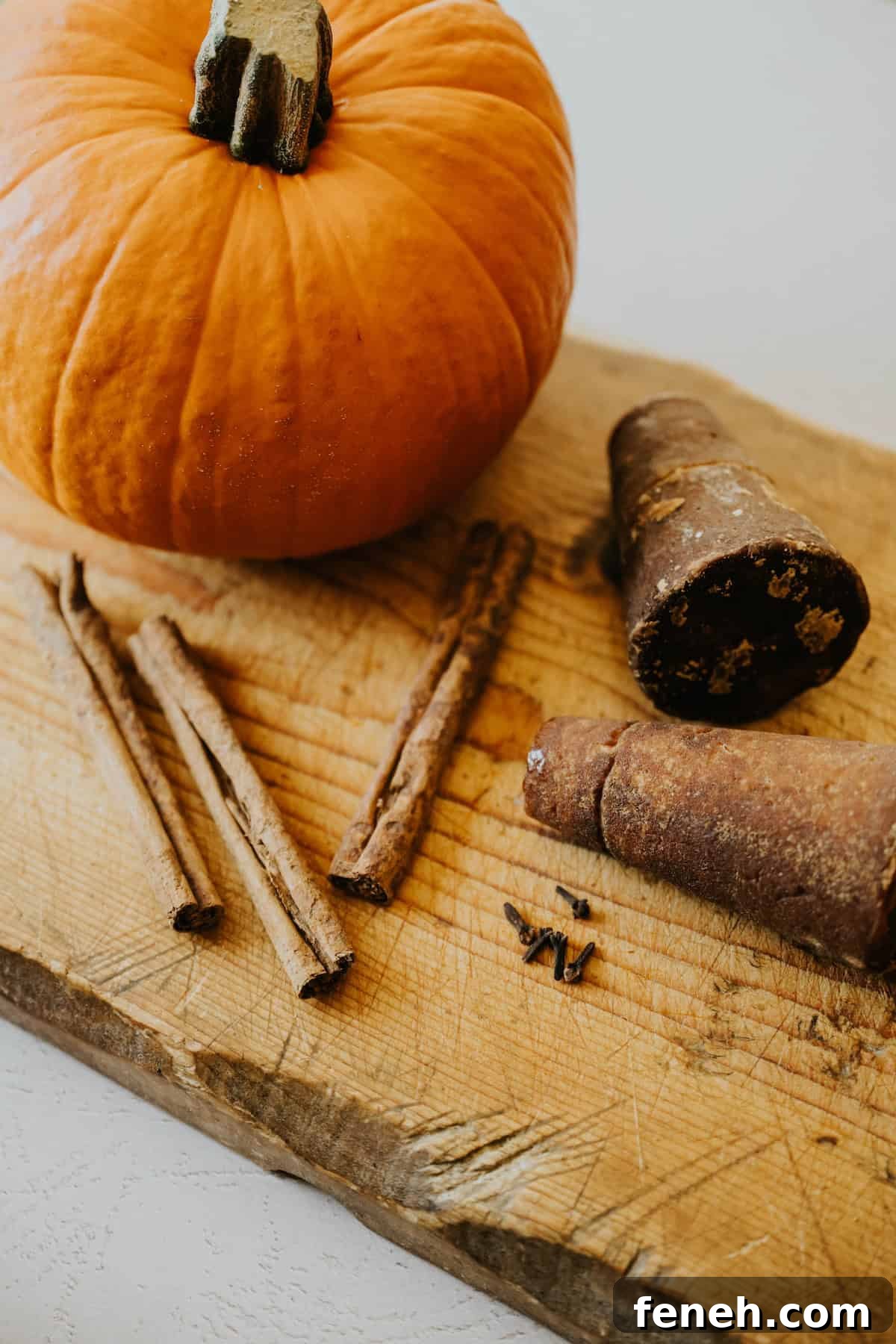 Whole pumpkin with piloncillo, cinnamon sticks, and cloves displayed on a cutting board.
