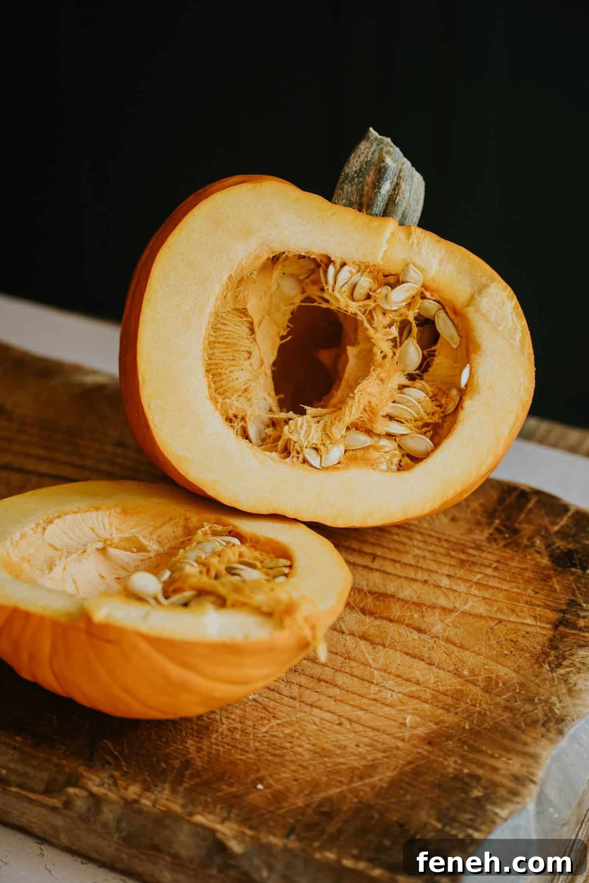 Whole and halved mini sweet pumpkins displayed on a wooden board.