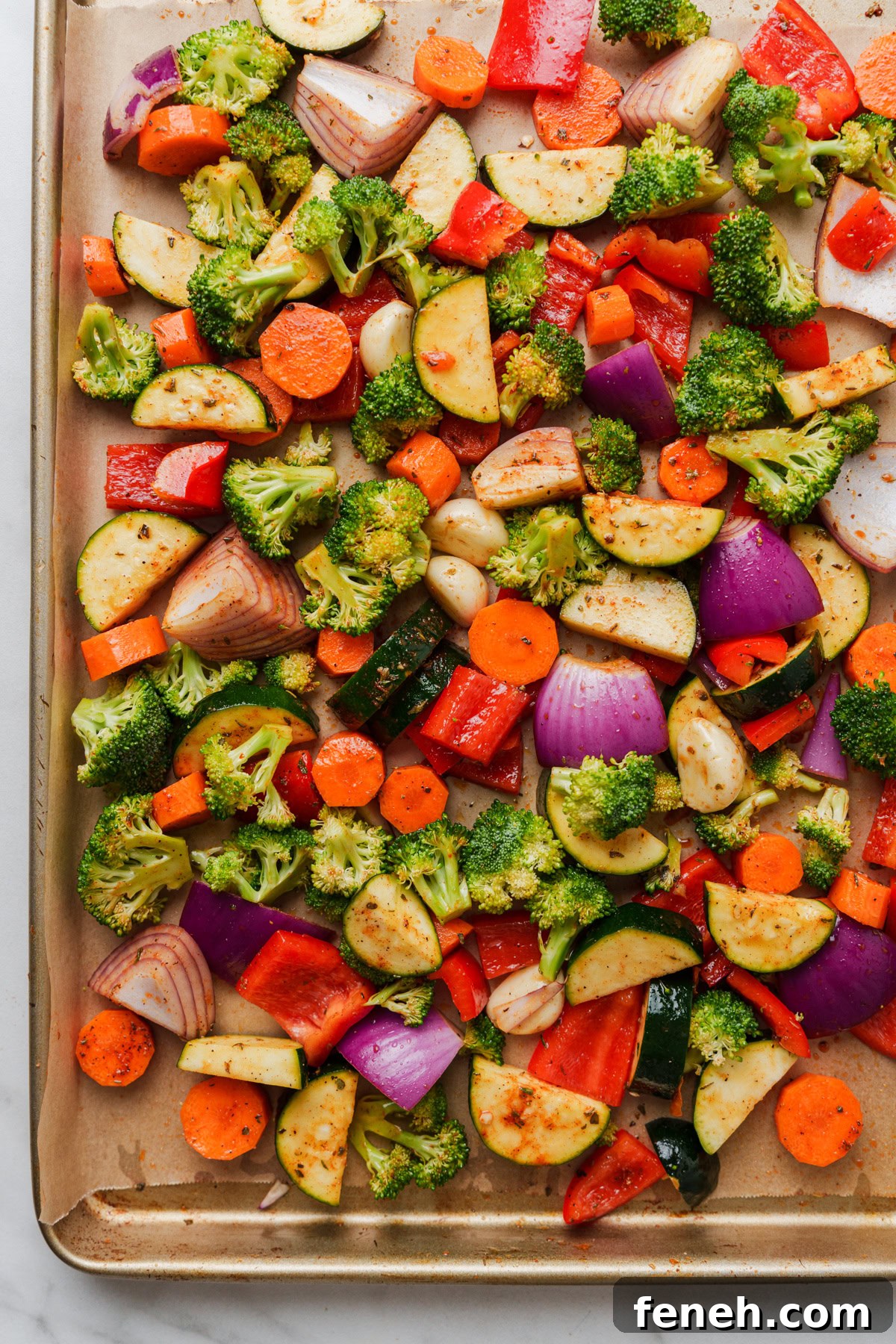 marinated vegetables on the roasting pan.
