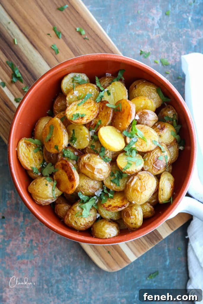 cripsy oven roasted potatoes in serving dish 