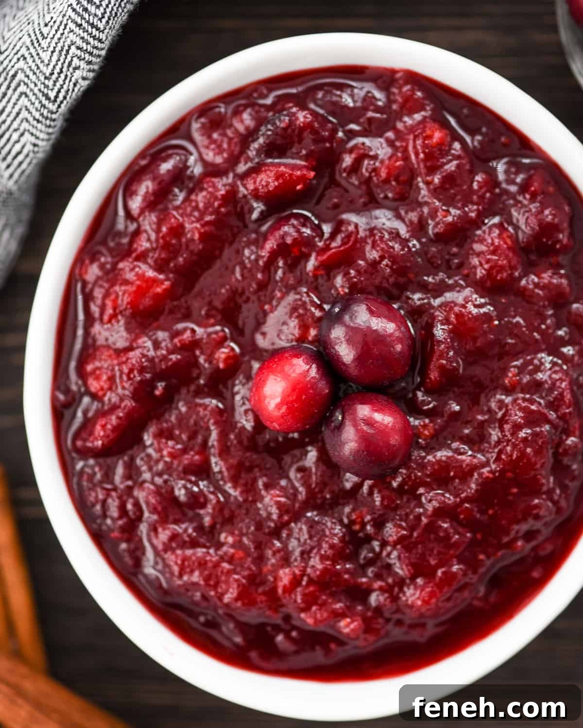 overhead view of a bowl of Healthy Cranberry Sauce