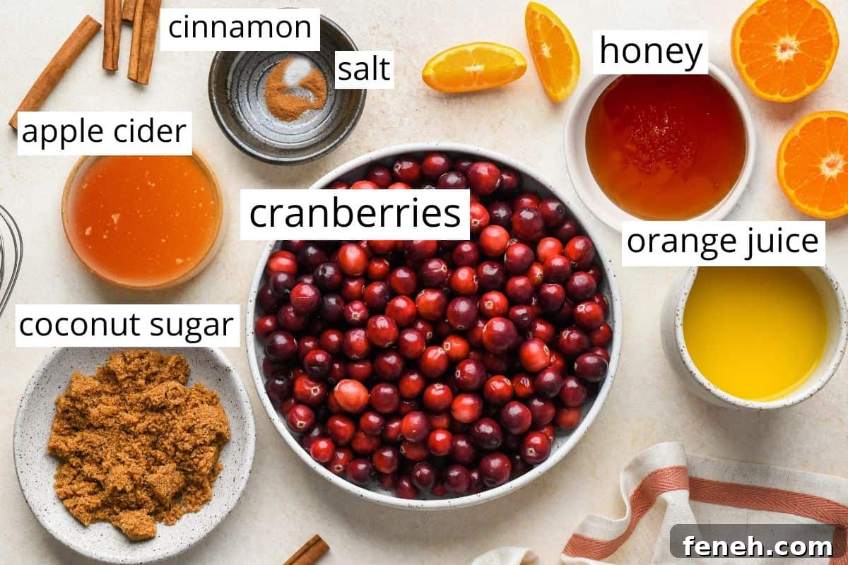 overhead photo of the labeled ingredients in this Healthy Cranberry Sauce recipe