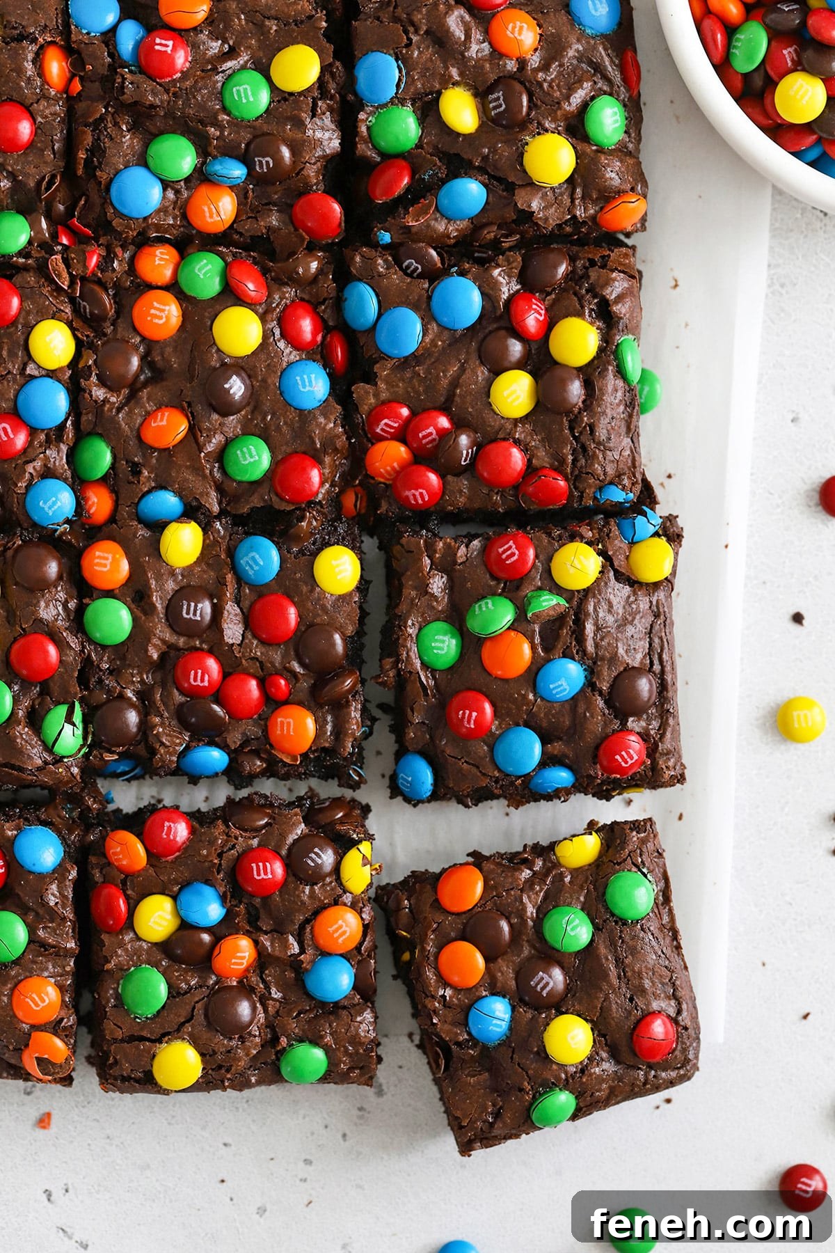 Overhead view of easy gluten-free M&M brownies cut into squares