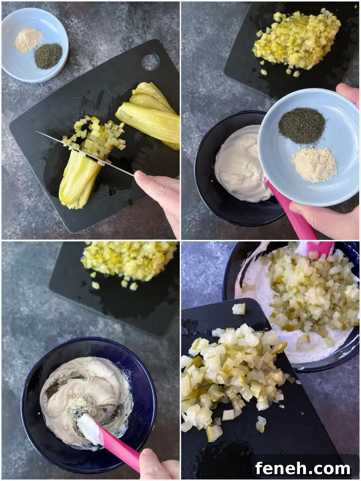 A four photo collage showing how to make dill pickle dip: chop pickles, add seasoning to dip base (cashew cream, mayonnaise), add chopped pickles and stir.