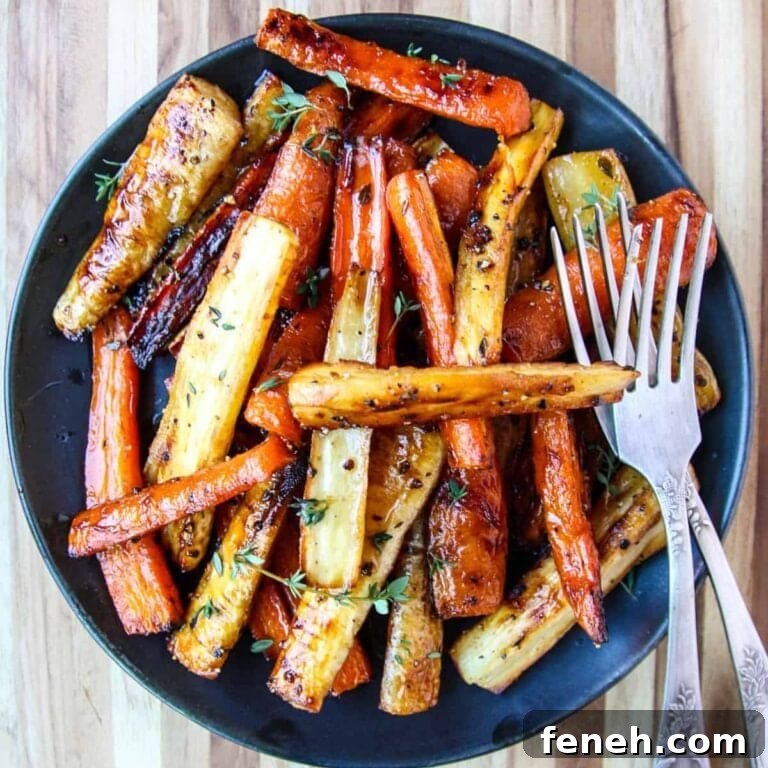 Honey roasted carrots and parsnips on a black plate with serving forks.