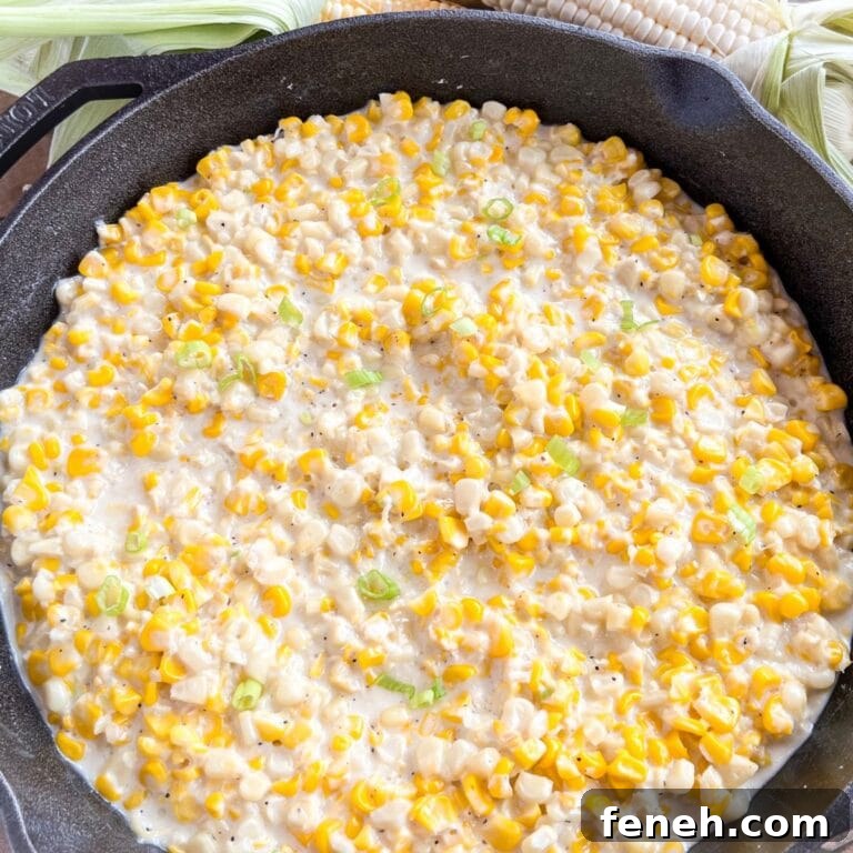 Southern style creamed corn in a cast iron skillet.