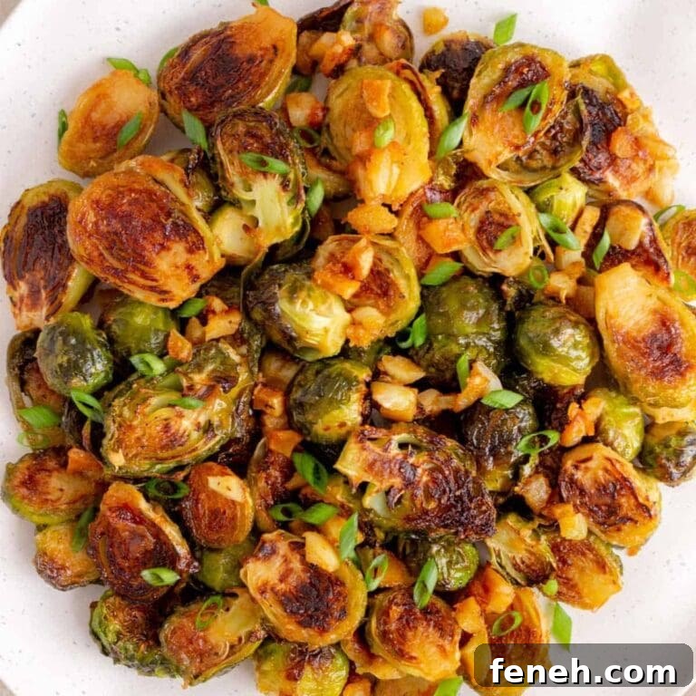 Closeup of miso roasted brussels sprouts.