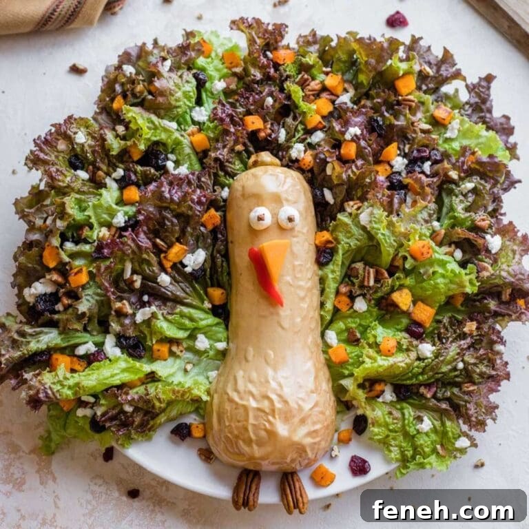 Turkey shaped salad with butternut squash.