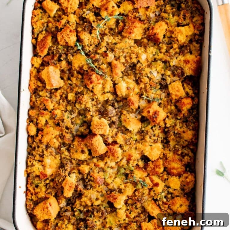 Cornbread dressing in a casserole dish.