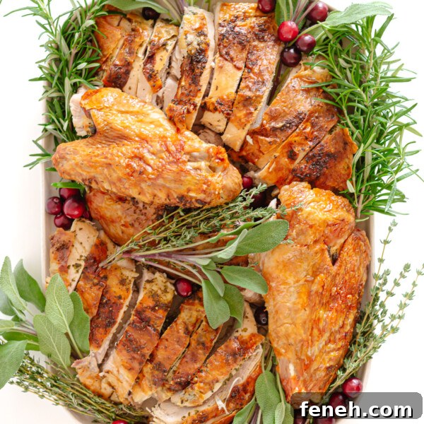 Carved dry brined spatchcock turkey with herb butter on a platter garnished with herbs and cranberries.