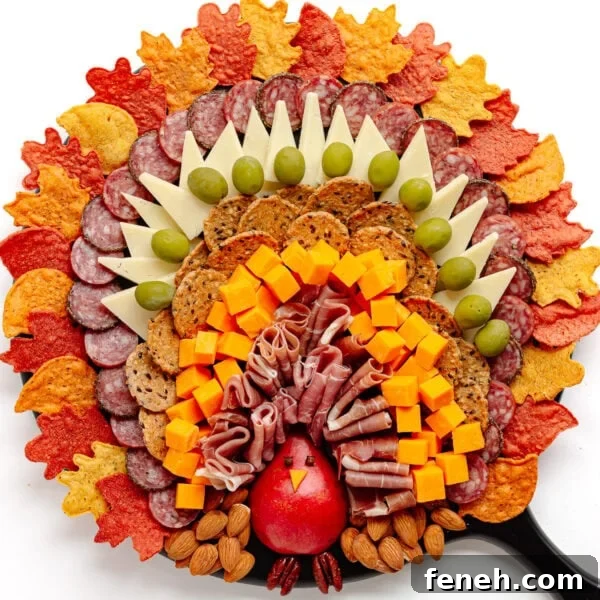 A Thanksgiving charcuterie board in a turkey shape.