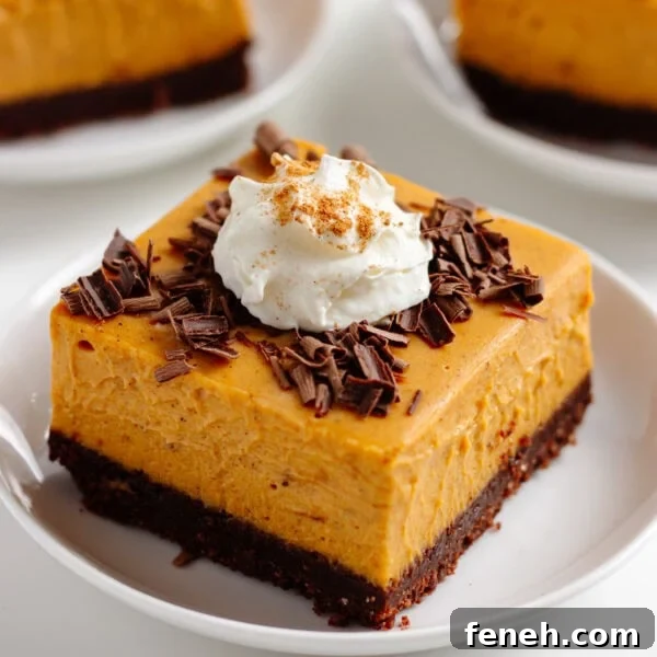 Pumpkin cheesecake bars on white serving plates garnished with chocolate shavings, whipped cream and pumpkin pie spice.
