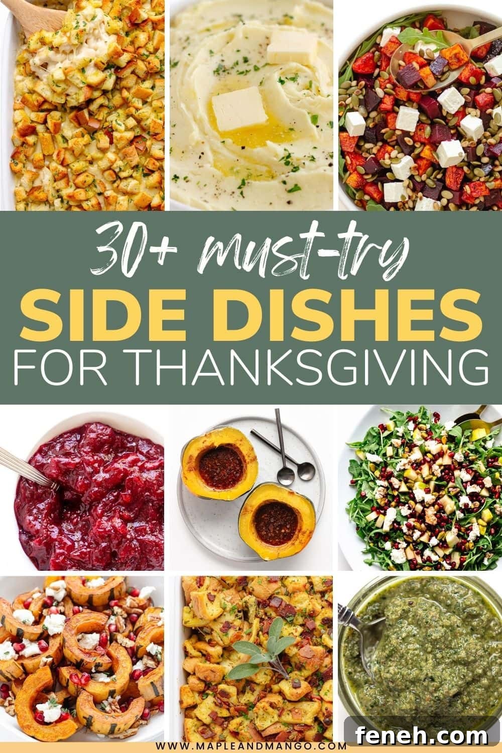 Pinterest collage graphic for "30+ Must-Try Side Dishes For Thanksgiving".