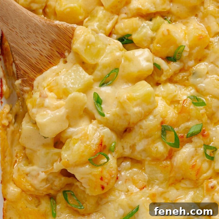 Wooden spoon digging into a baking dish of cheesy potatoes.