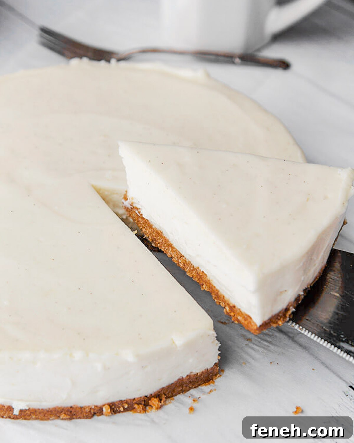 A slice of cheesecake on a serving spoon.