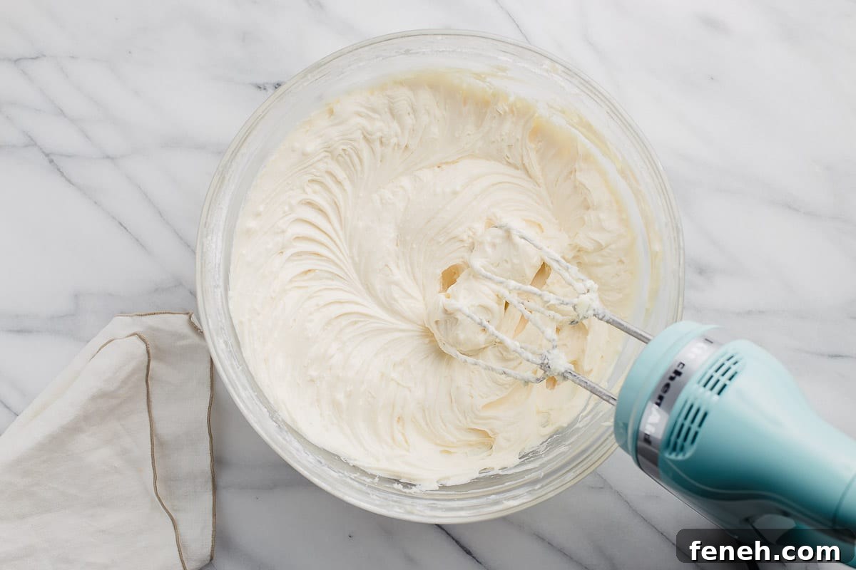 Easy cheesecake filling in a mixing bowl.