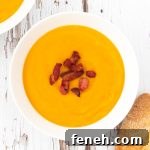 Leftover roasted vegetable soup topped with bacon