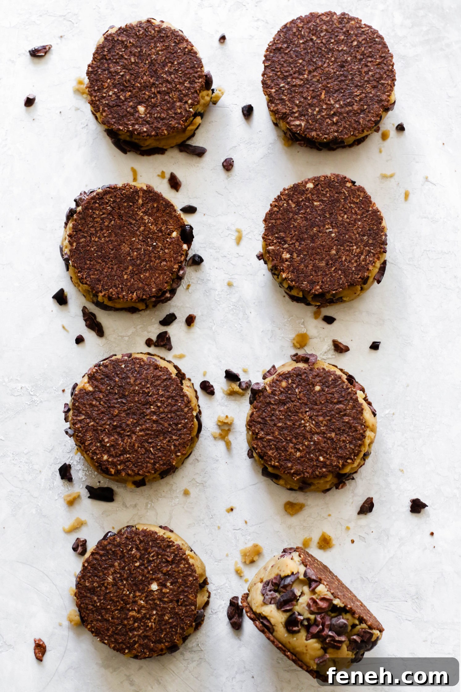 Cacao Chickpea Cookie Dough smashed between chocolate cookies with cacao nibs scattered