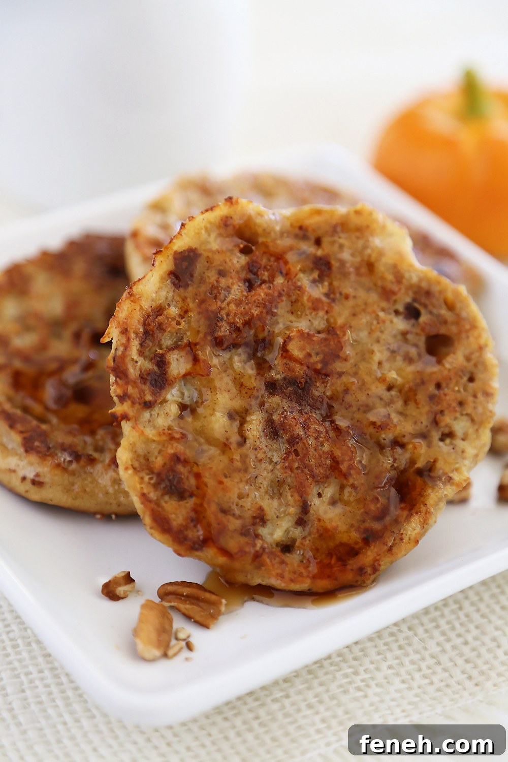 Pumpkin Vanilla English Muffin French Toast - Fluffy, buttery French toast made with pumpkin spice English muffins, vanilla, cinnamon and nutmeg!
