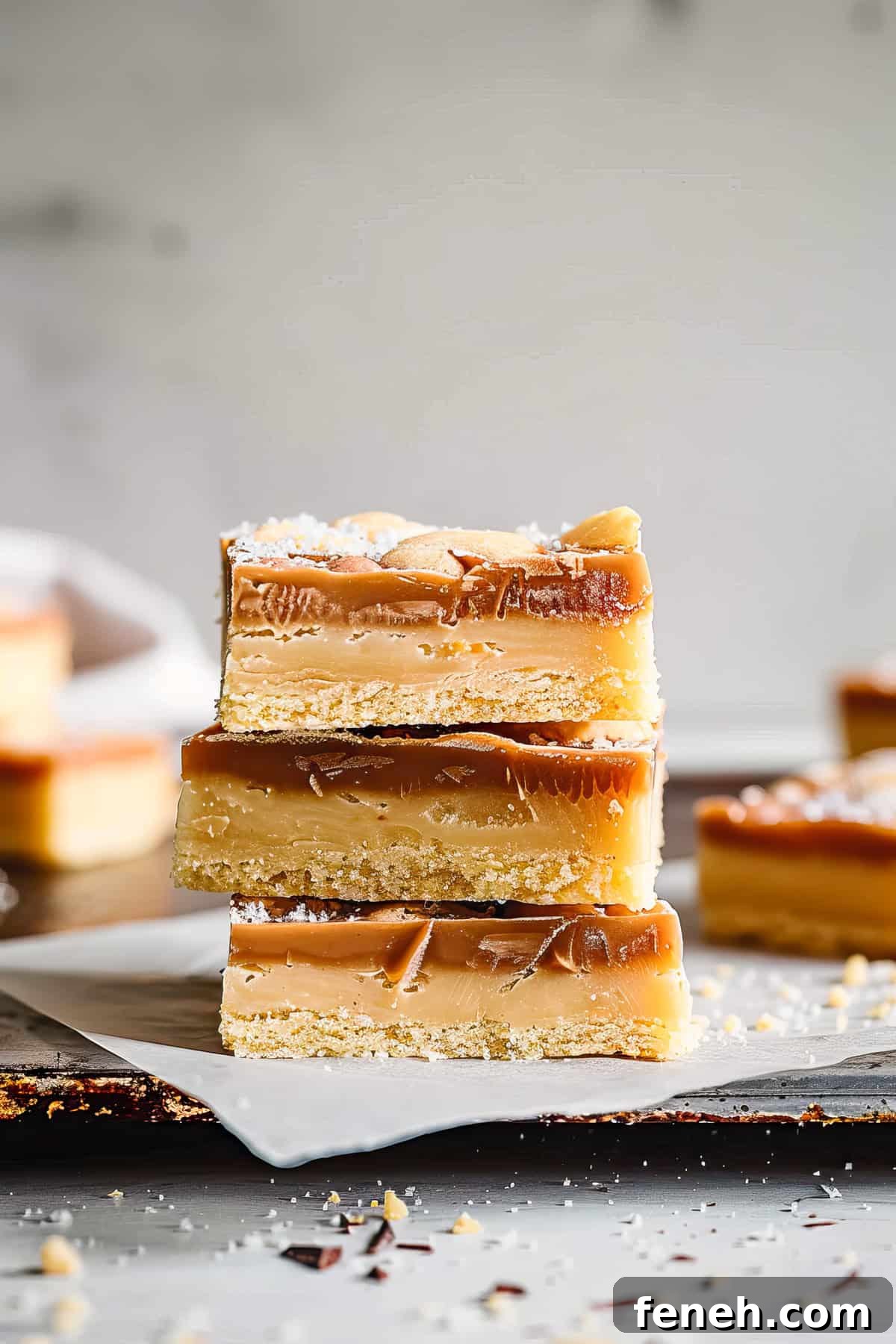 White chocolate millionaire shortbread on a piece of baking paper.