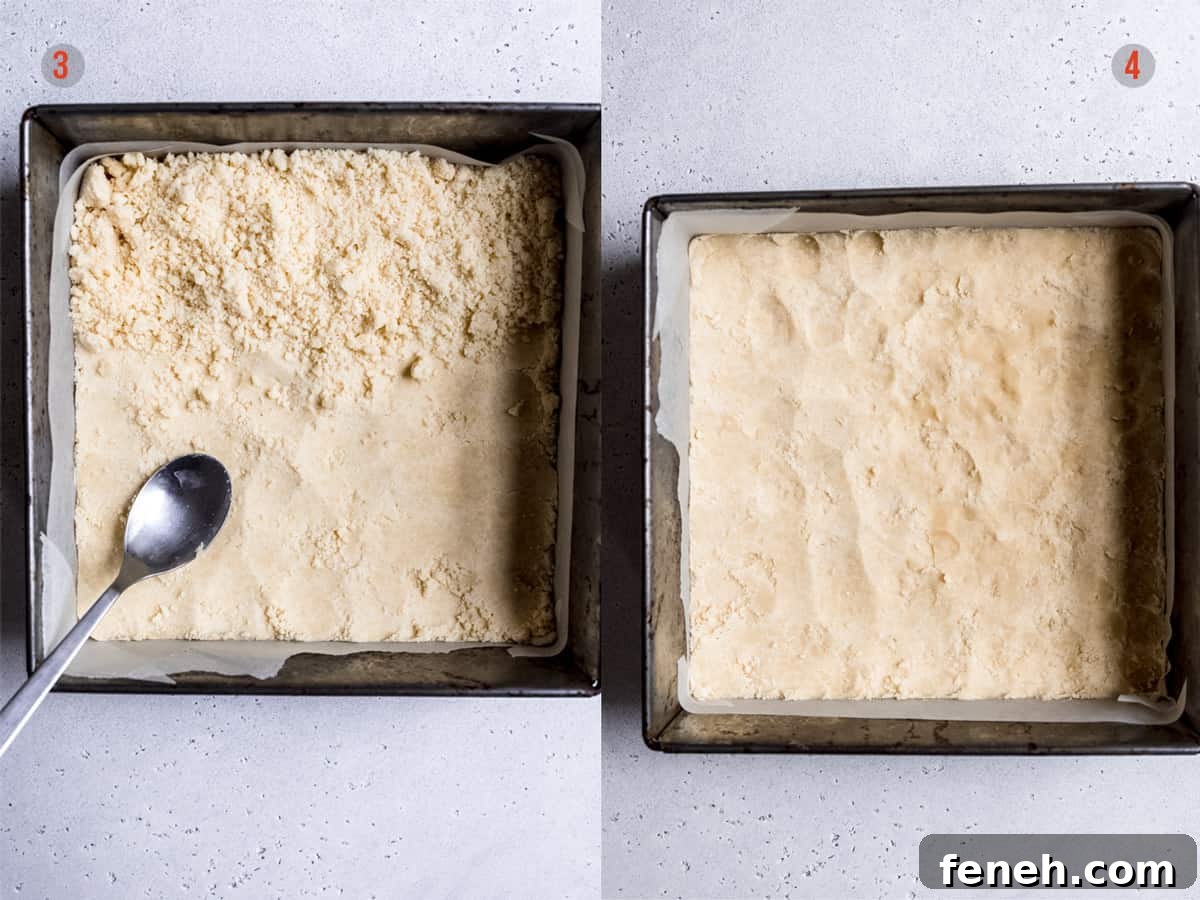 dough being pressed into a tin