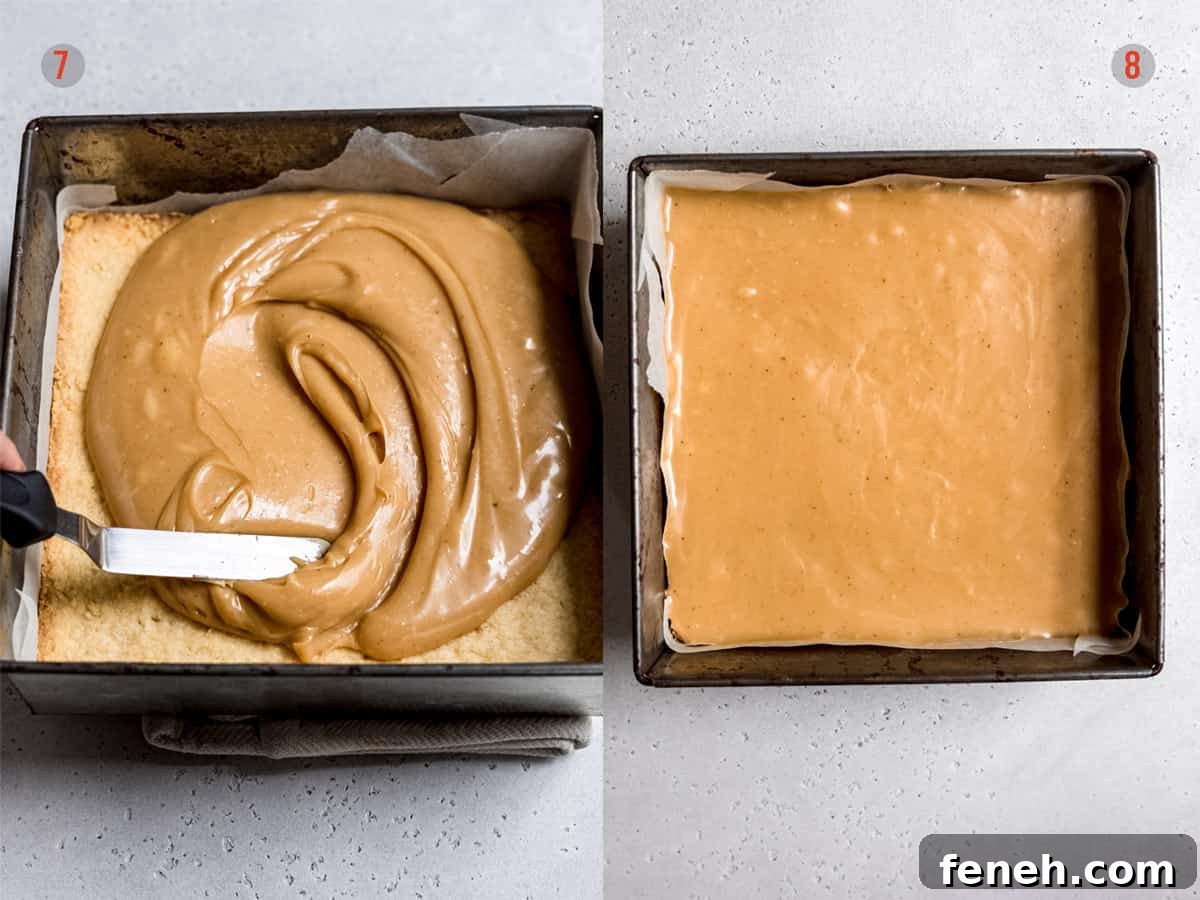 caramel being layered onto baked shortbread