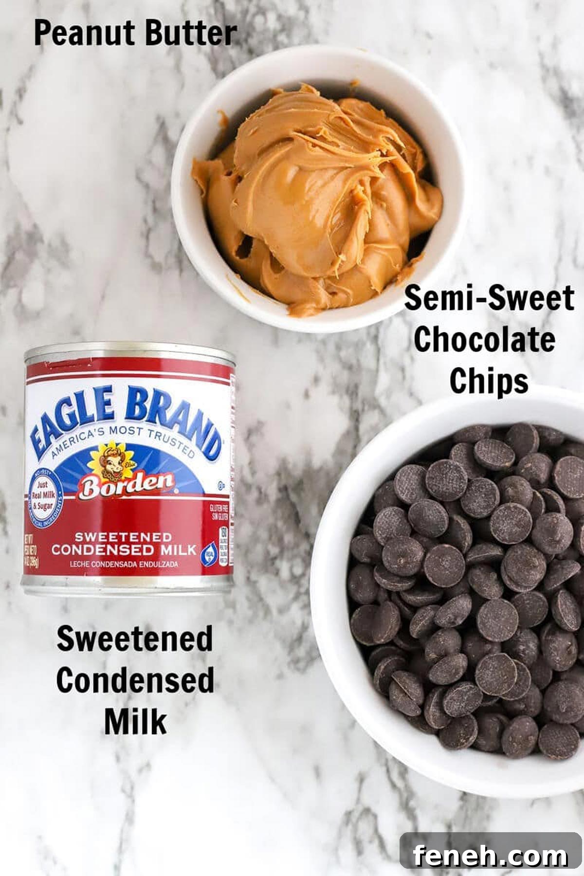 Sweetened Condensed milk, chocolate chips, and peanut butter on a counter.
