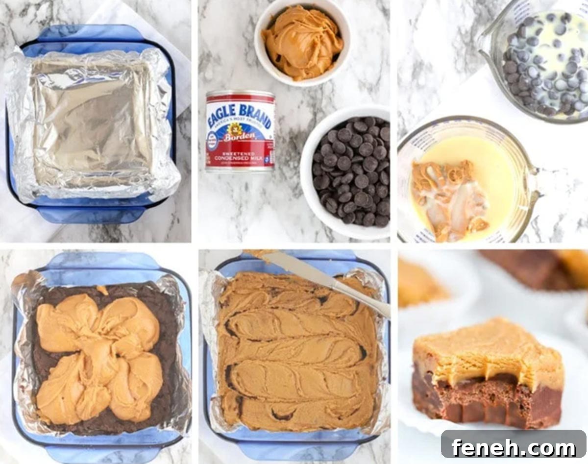 A collage of pictures showing how to make peanut butter fudge.