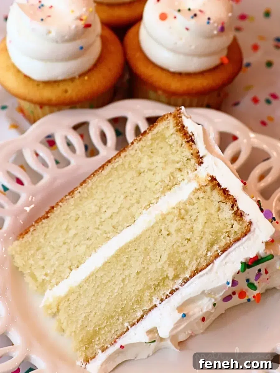 moist vanilla cupcakes and a slice of vanilla cake frosted with buttercream
