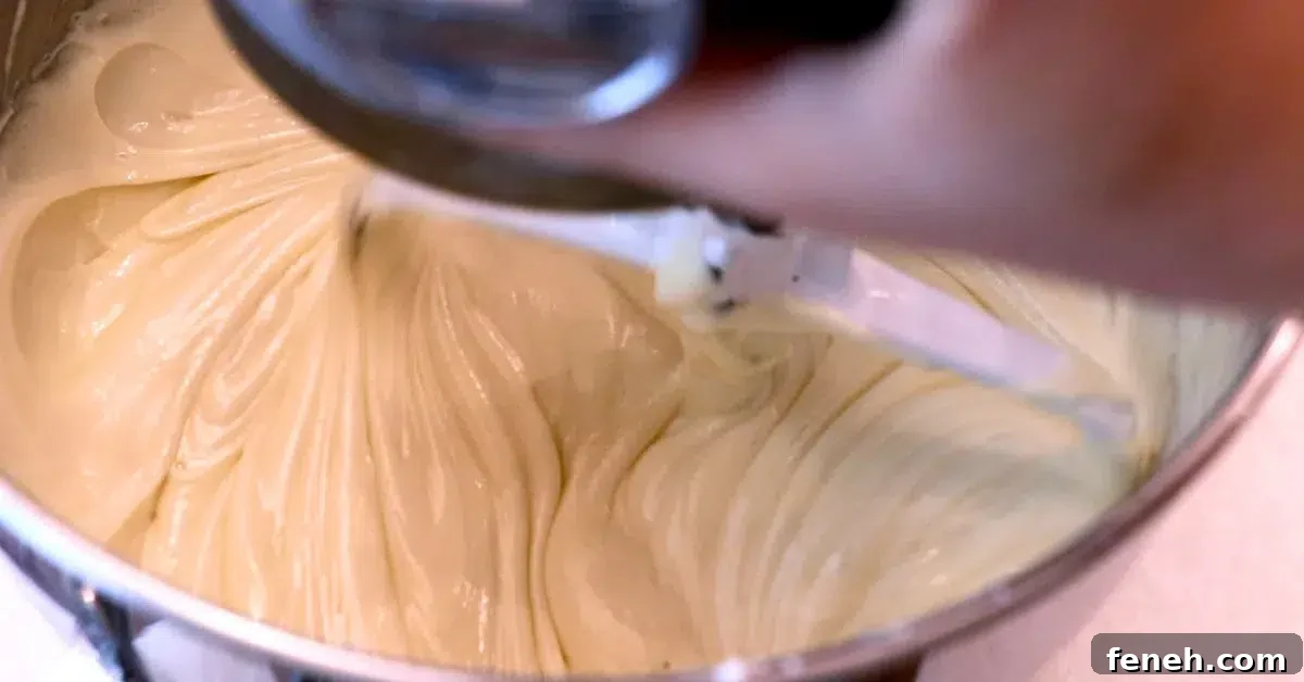 vanilla cake batter in a mixing bowl