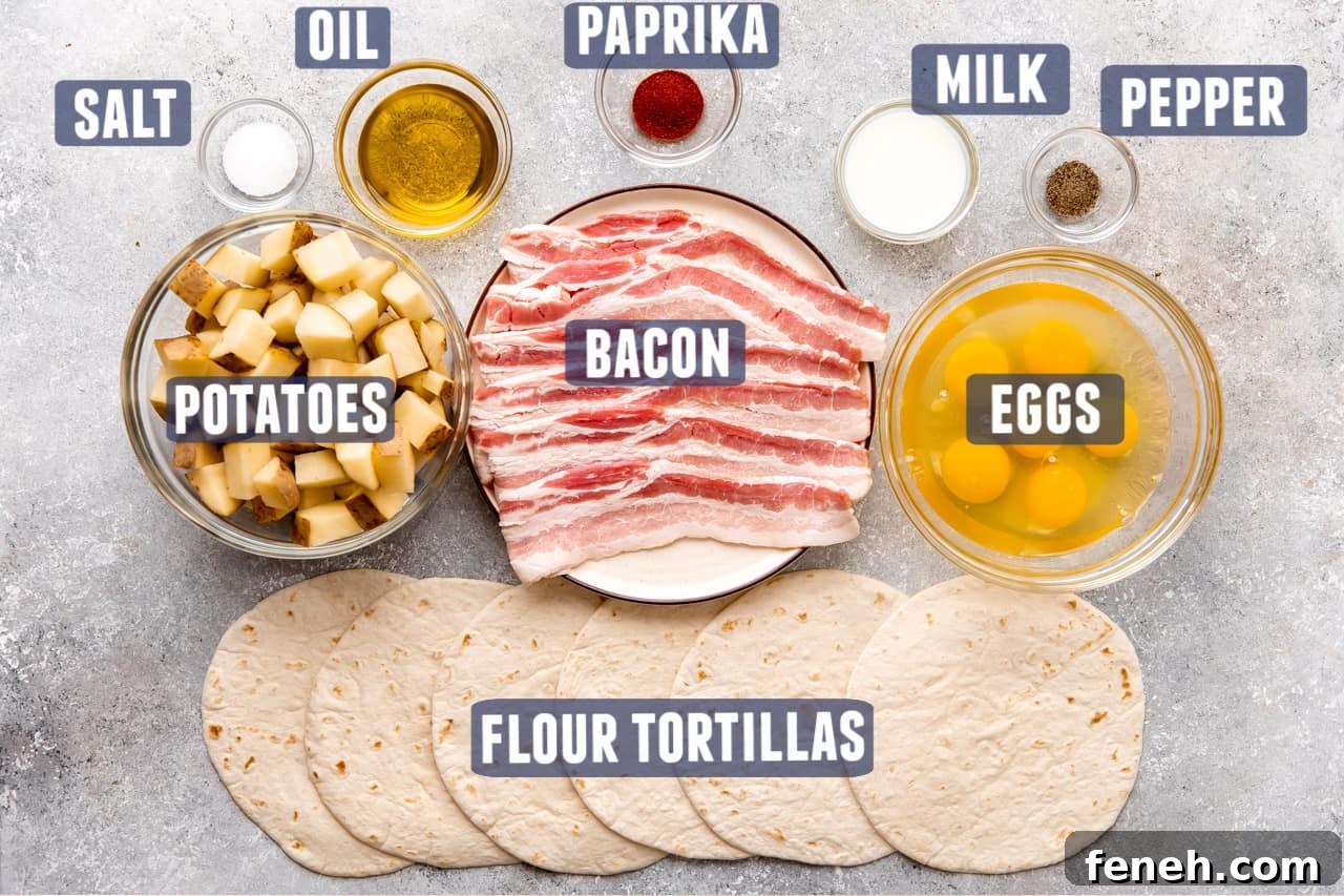 Ingredients needed to make breakfast tacos laid out on the counter.