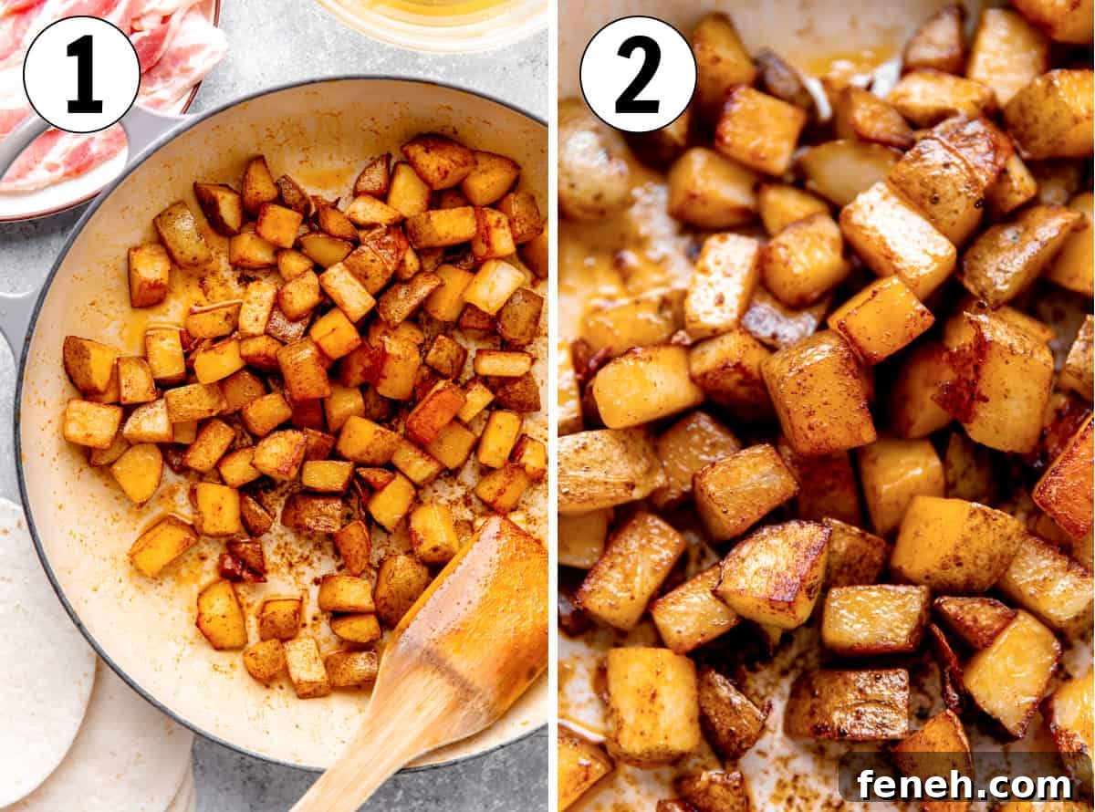 Cooking diced potatoes in a spice mixture to make into breakfast tacos.