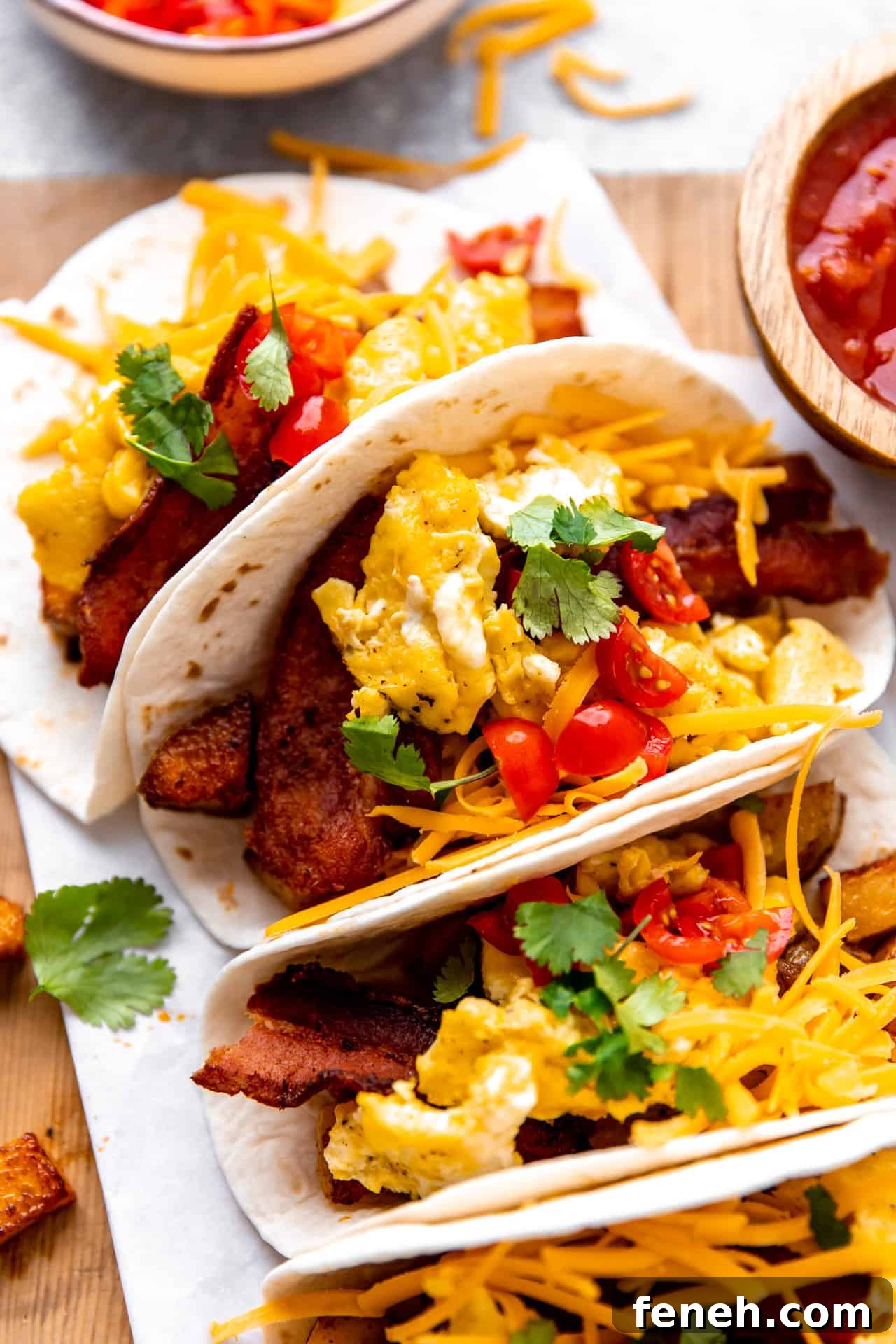 Up close view of breakfast tacos topped with shredded cheese, tomatoes and cilantro. 