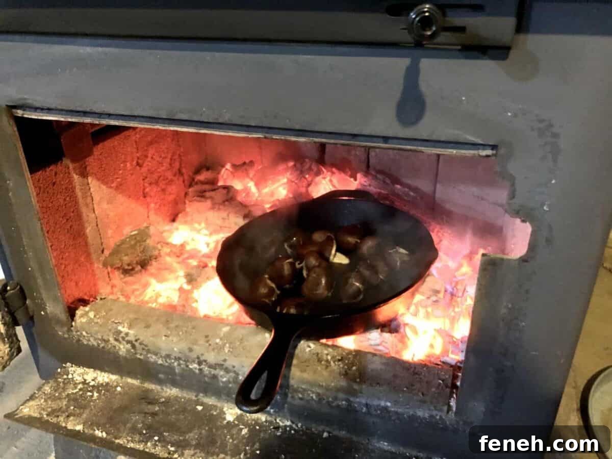 Chestnuts roasting on an open fire in a wood stove.