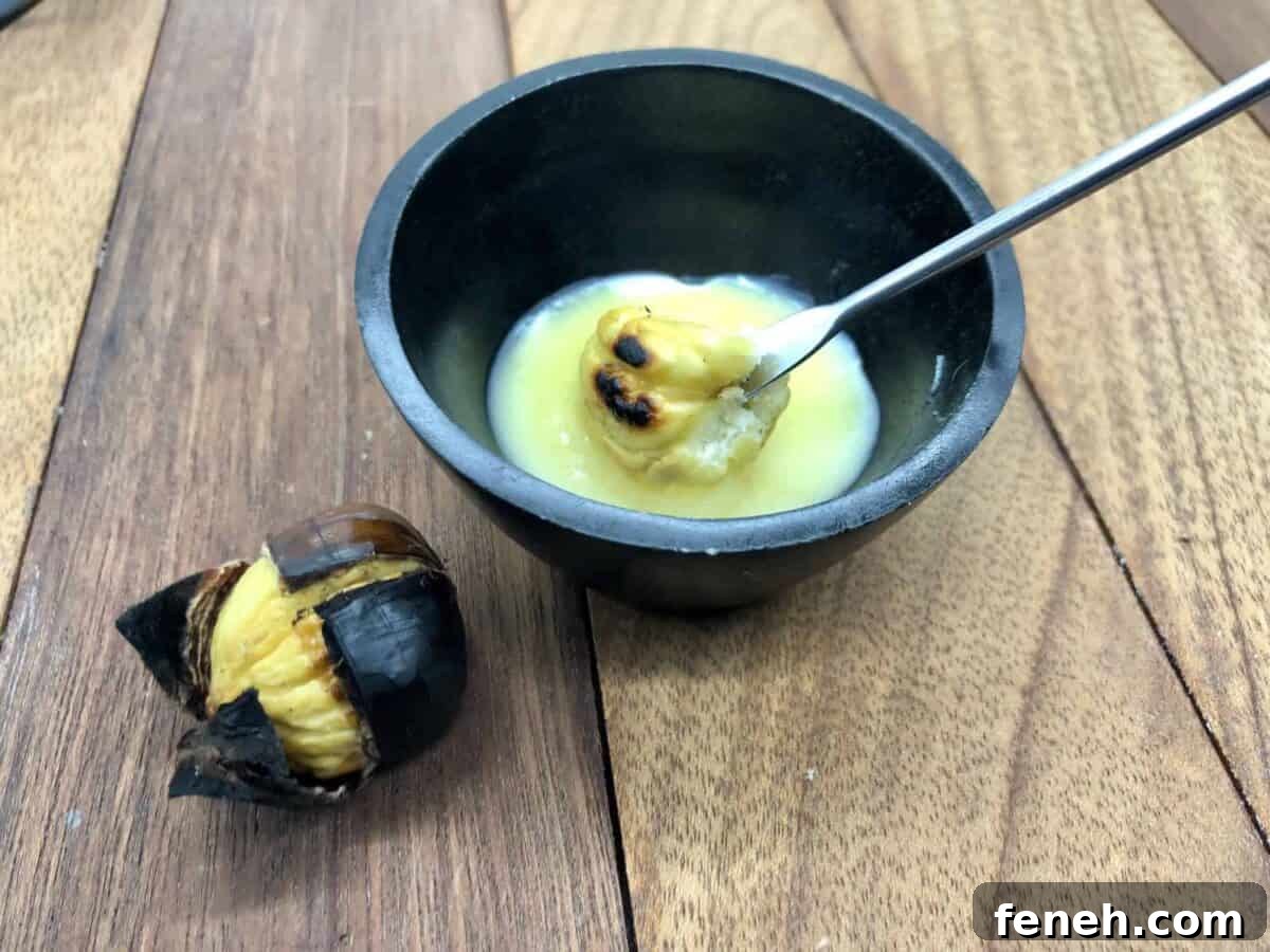 Roasted chestnuts dipped in melted butter.