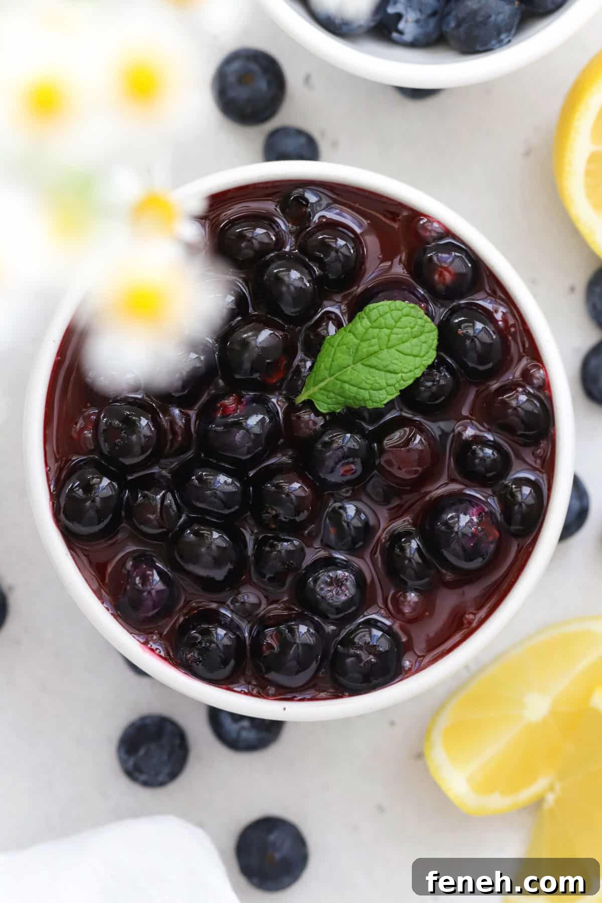 white dessert bowl of fresh blueberry sauce garnished with fresh mint