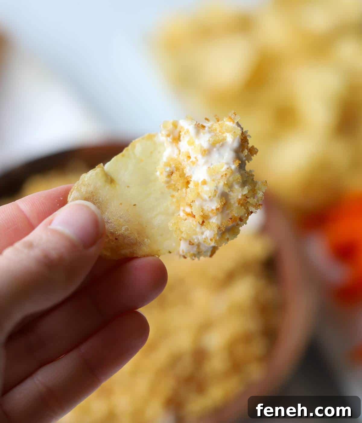 Hand holding chip dipped in pickle dip.