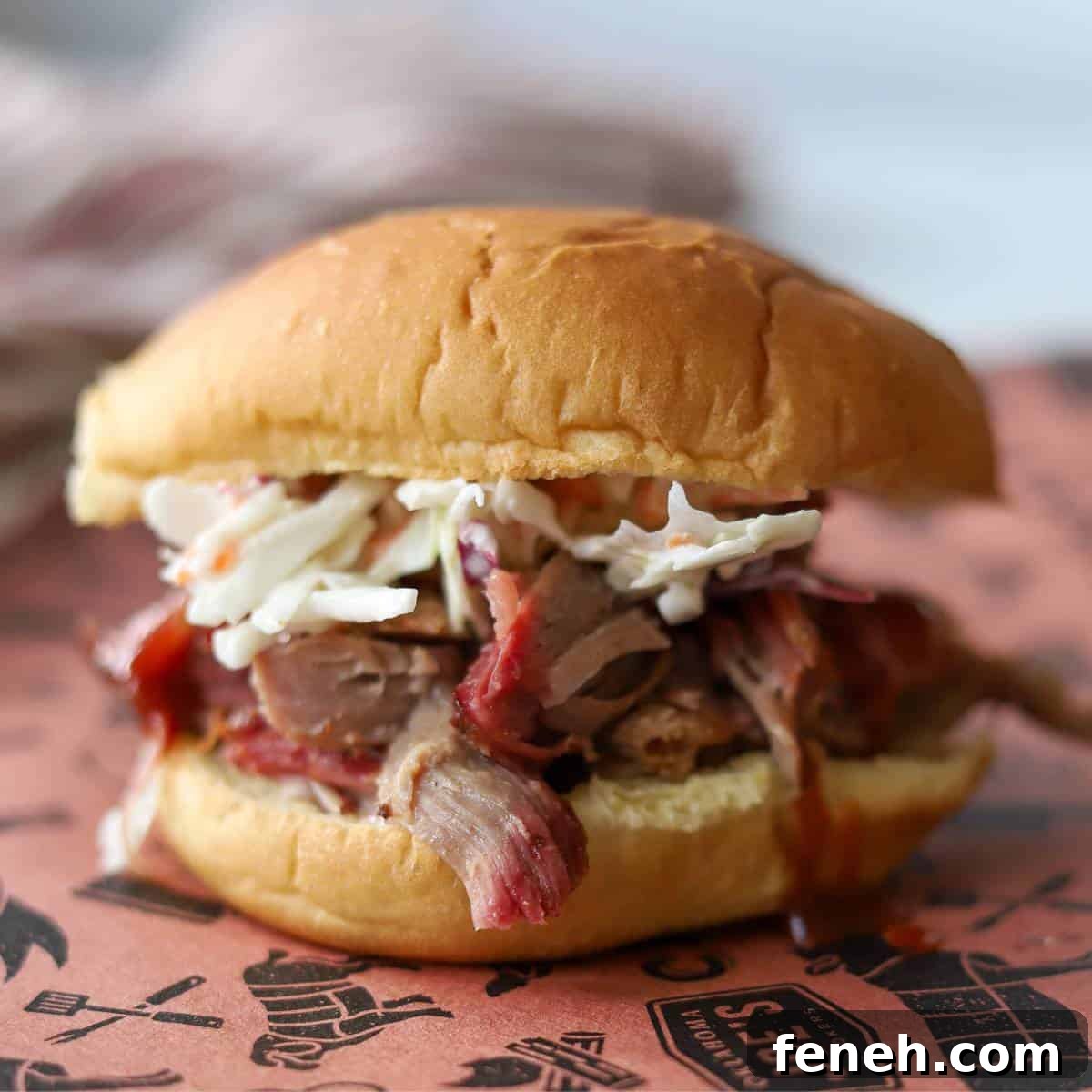 Pulled Pork sandwich loaded with pork and coleslaw.