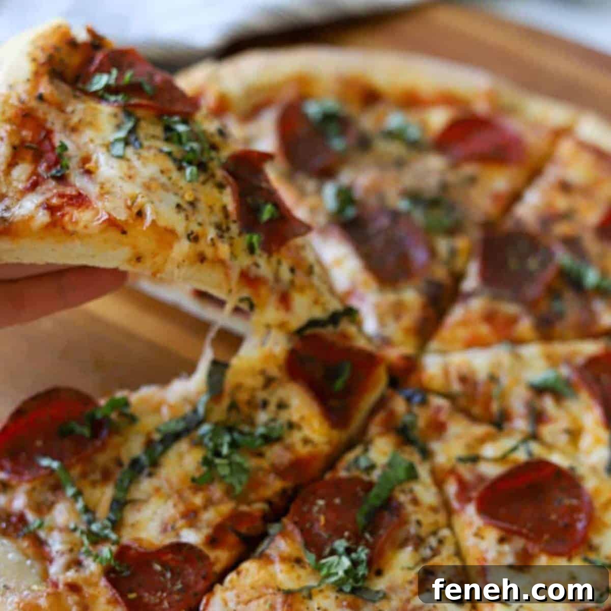 Pulling pizza slice to eat.