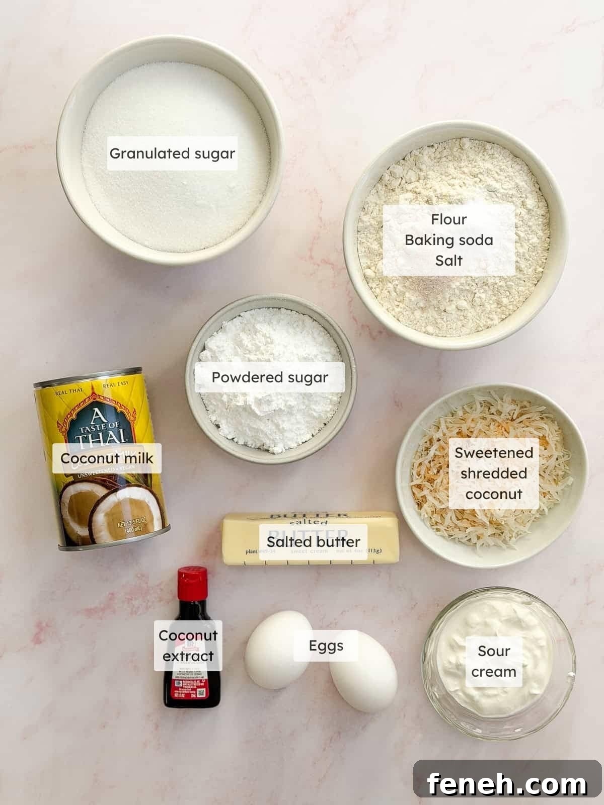 All of the ingredients needed to make coconut sheet cake.