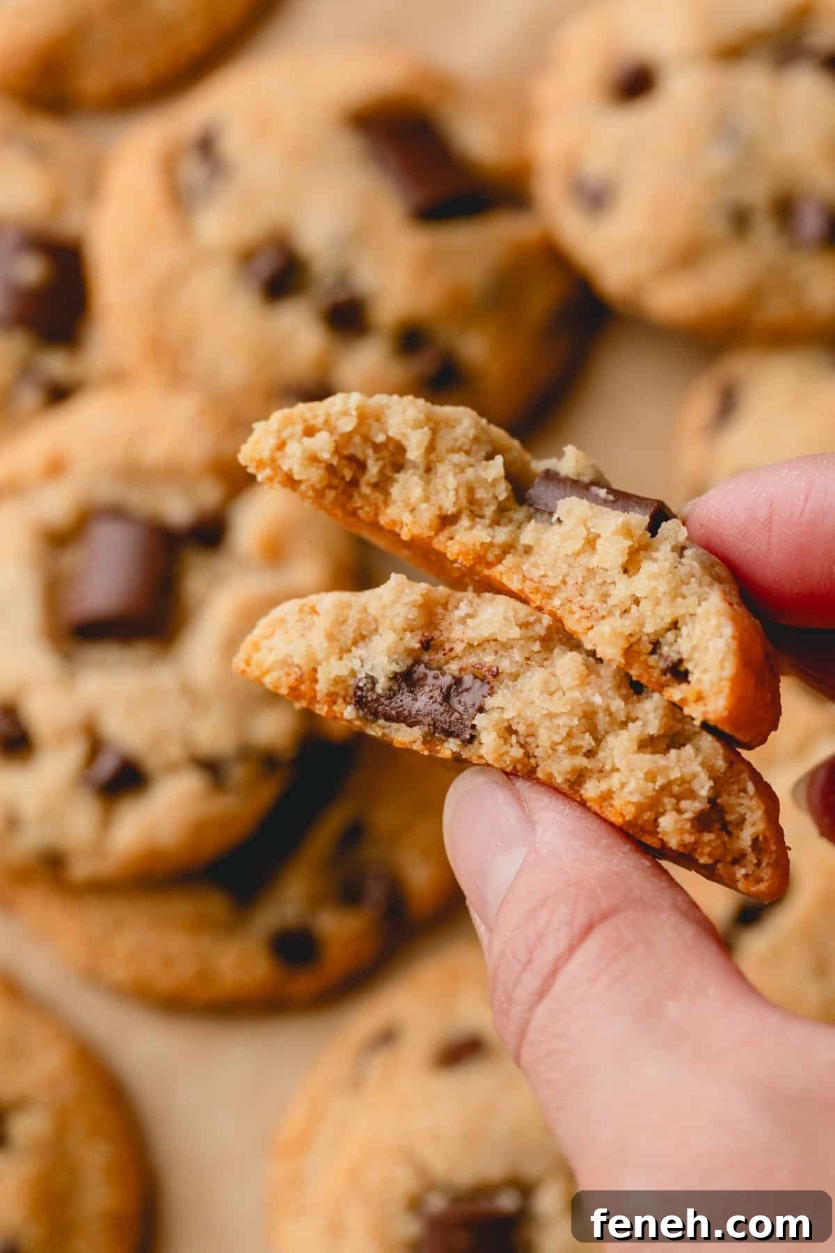 A hand holding two halves of an almond flour cookie with chocolate chips.